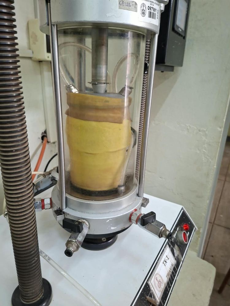 Probeta de suelo dentro de la celda triaxial, deformada al término del ensayo